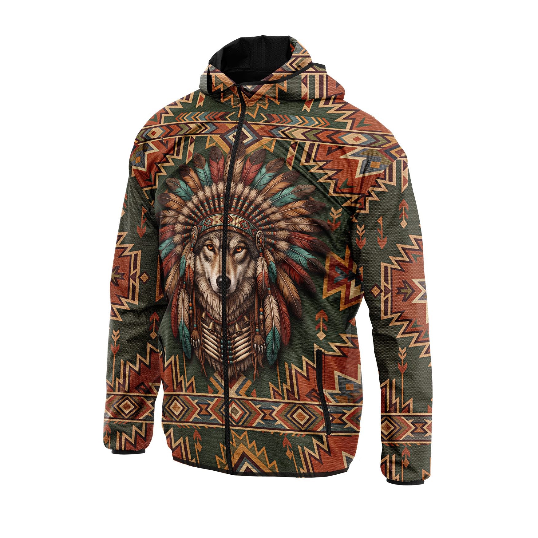 Native American Indian Wolf Graphic Windbreaker Lightweight Sport Jacket