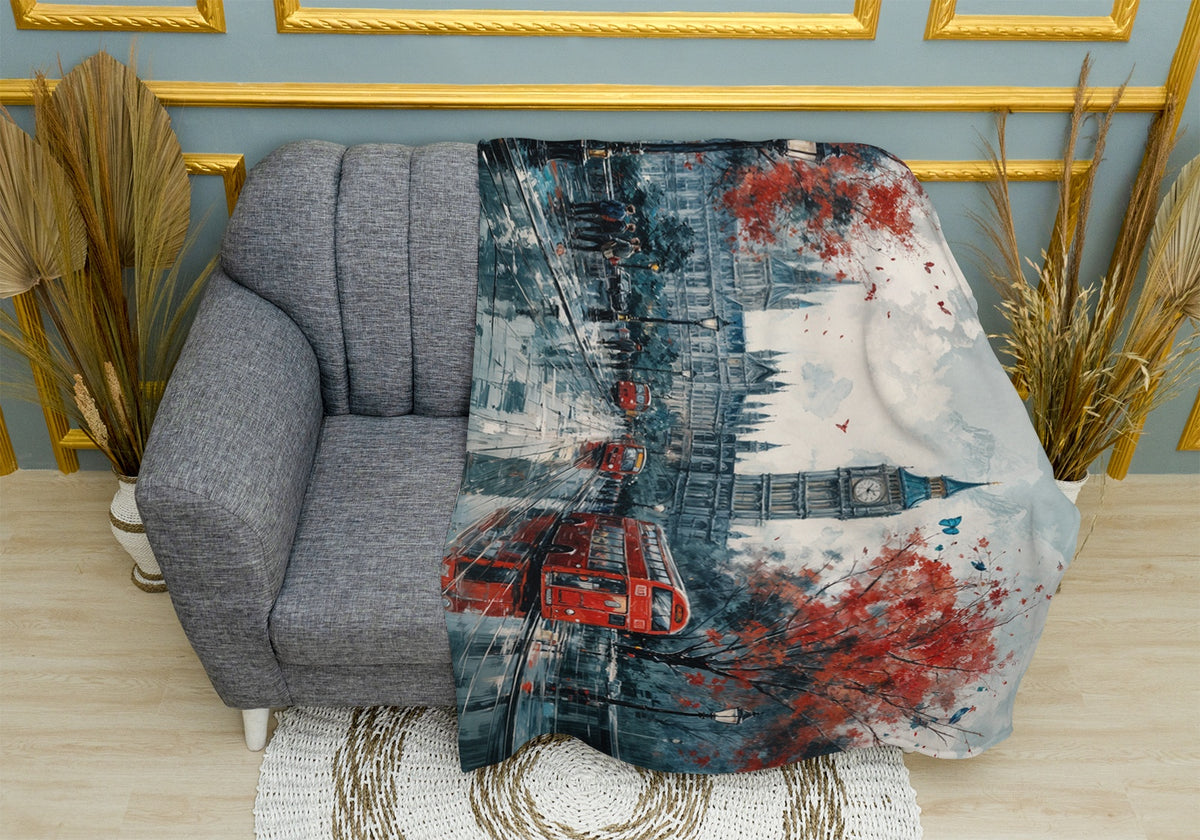 London Street Scene Kuscheldecke mit roten Doppeldeckerbussen