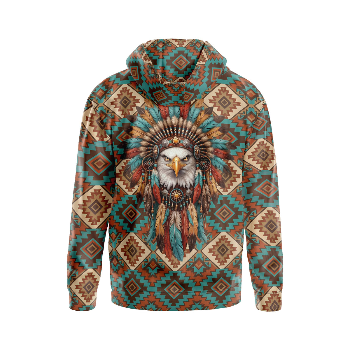 Native American Adler-Anführer Grafik-Fleece-Kapuzenpullover mit Stammeskunst-Design