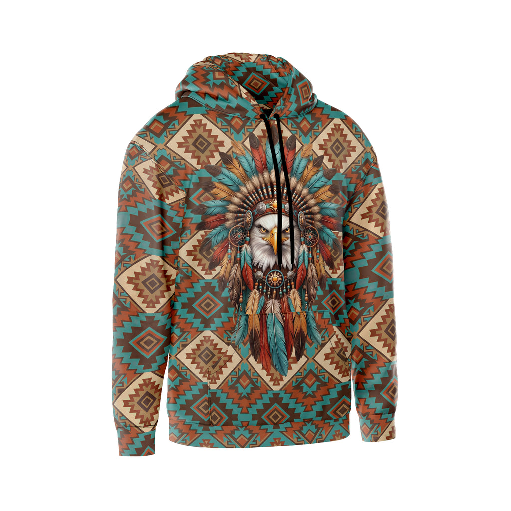 Native American Adler-Anführer Grafik-Fleece-Kapuzenpullover mit Stammeskunst-Design