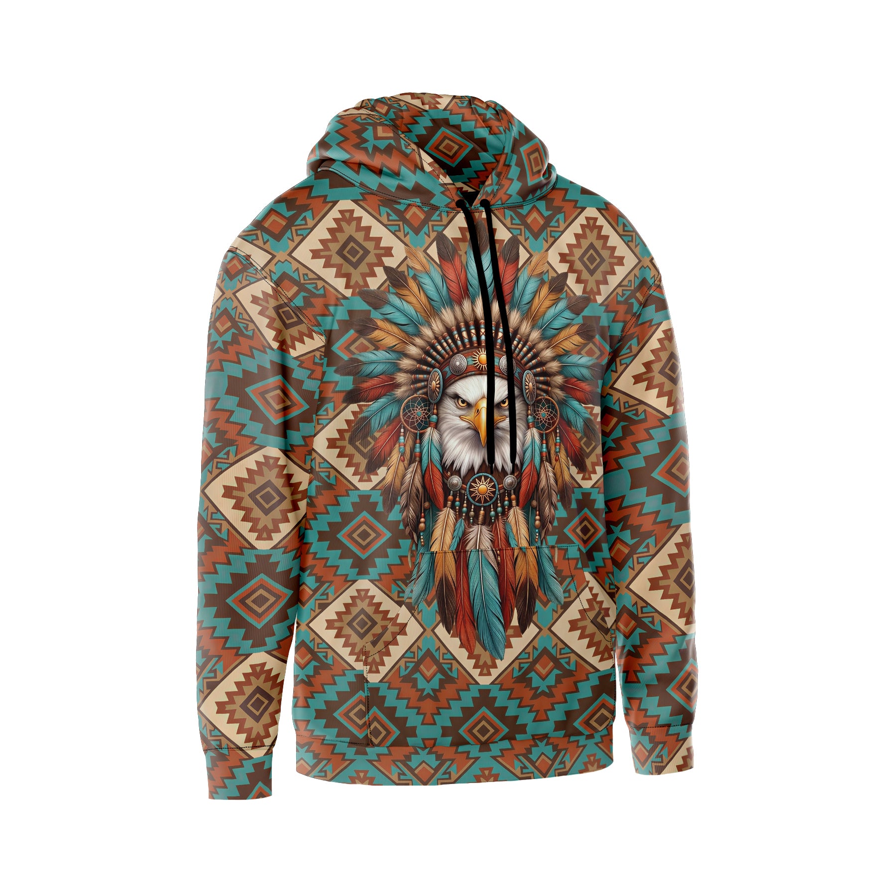 Native American Eagle Leader Graphic Fleece Hoodie with Tribal Art Design