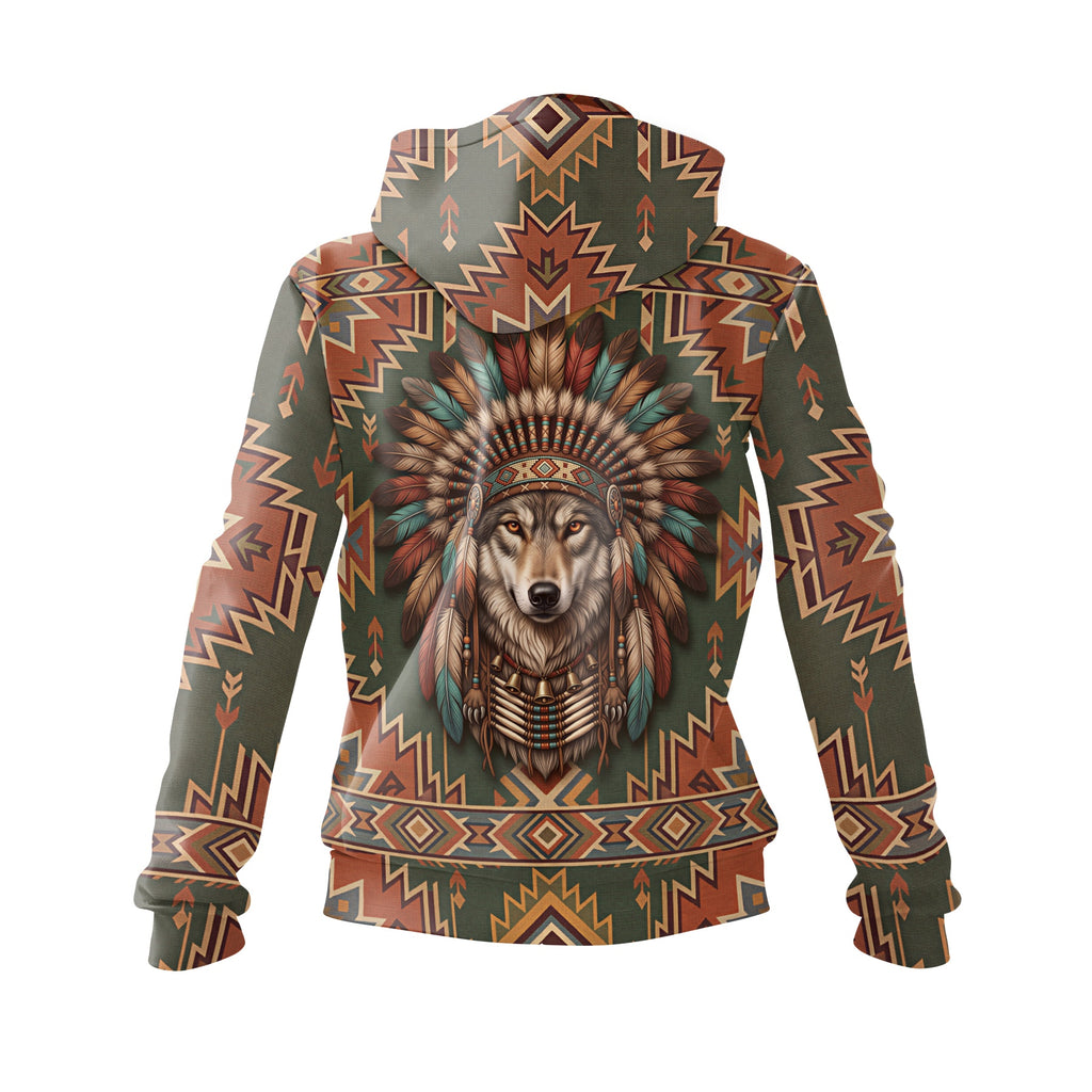 Kapuzenpullover für Damen mit Wolf-Grafik im Native-American-Stil