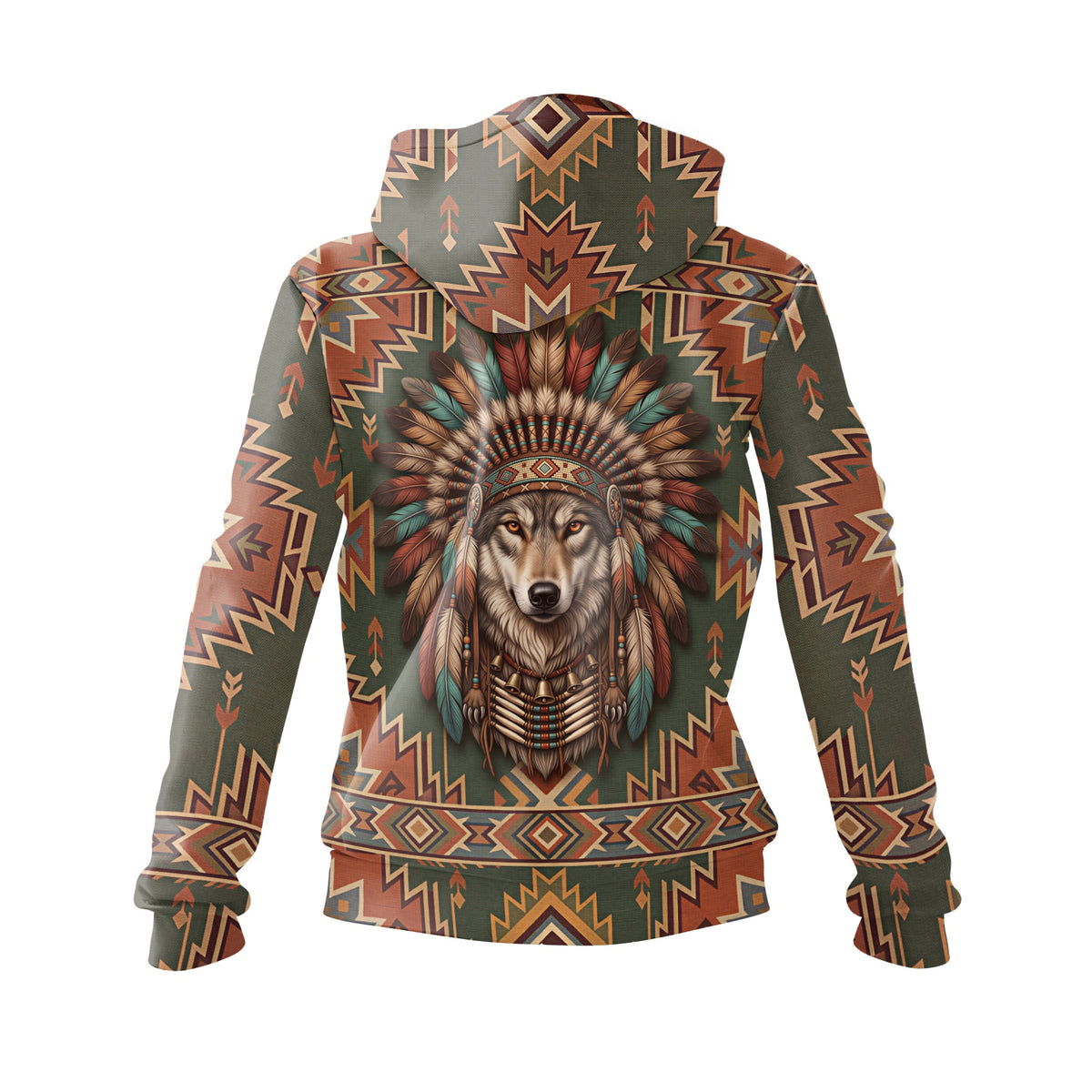 Kapuzenpullover für Damen mit Wolf-Grafik im Native-American-Stil